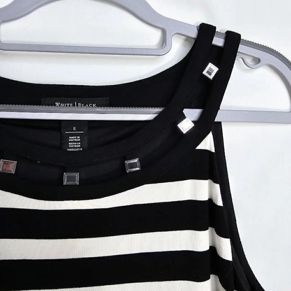WHITE HOUSE BLACK MARKET Dress BLACK WHITE STRIPE Silver Gems size S 4-6 Summer - Picture 3 of 6